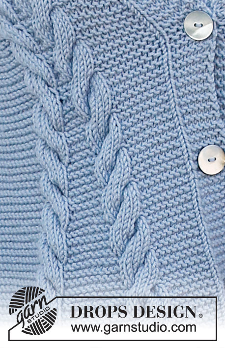 Icefall / DROPS 216-4 - Rozpinany sweter na drutach, przerabiany od góry do dołu z szalowym kołnierzem, ściegiem francuskim, warkoczami, w kształcie trapezu, z włóczki DROPS Merino Extra Fine. Od S do XXXL.