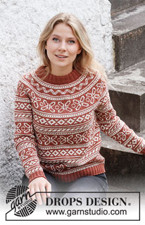 Love Links / DROPS 217-17 - Sweter na drutach przerabiany od góry do dołu, z podwójnym wykończeniem dekoltu, zaokrąglonym karczkiem i żakardem norweskim, z włóczki DROPS Merino Extra Fine. Od XS do XXL.