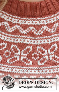 Love Links / DROPS 217-17 - Sweter na drutach przerabiany od góry do dołu, z podwójnym wykończeniem dekoltu, zaokrąglonym karczkiem i żakardem norweskim, z włóczki DROPS Merino Extra Fine. Od XS do XXL.