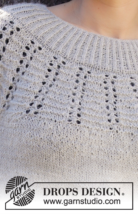 Mayan Moon Shine Sweater / DROPS 217-34 - Sweter na drutach przerabiany od góry do dołu, z zaokrąglonym karczkiem, ściegiem strukturalnym i ażurowym, z włóczki DROPS Puna. Od S do XXXL.