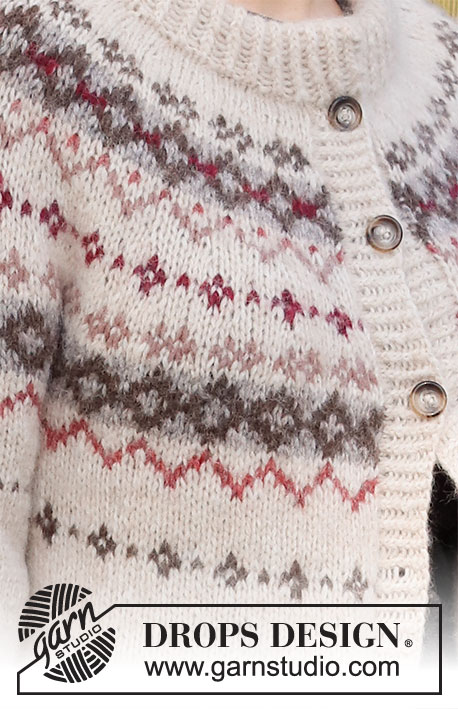 Mistletoe Kisses Jacket / DROPS 217-8 - Rozpinany sweter na drutach, przerabiany od góry do dołu, z zaokrąglonym karczkiem i żakardem norweskim, z włóczki DROPS Air. Od S do XXXL.