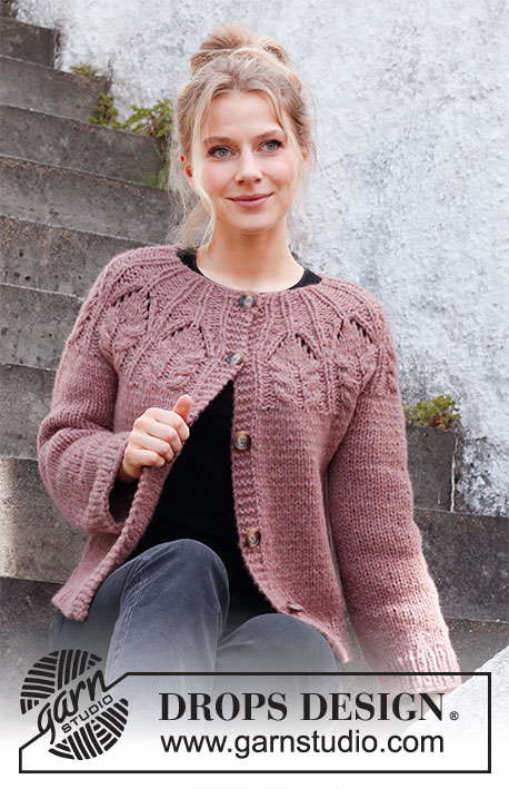 Harvest Queen Jacket / DROPS 218-2 - Knitted jacket in 2 strands DROPS Air or 1 strand DROPS Snow. The piece is worked top down with round yoke, lace pattern and cables. Sizes XS - XXL.