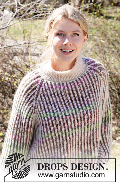 Dancing Aurora / DROPS 218-26 - Knitted jumper in DROPS Air and DROPS Big Delight. Piece is knitted top down in two coloured English rib with raglan. Size: S - XXXL