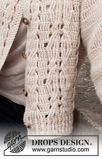Enchanted Underwood Jacket / DROPS 218-31 - Rozpinany sweter na szydełku, przerabiany z góry na dół, z warkoczami i oczkami nakładanymi/reliefowymi, z włóczki DROPS Air. Od XS do XXL.