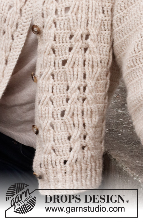 Enchanted Underwood Jacket / DROPS 218-31 - Rozpinany sweter na szydełku, przerabiany z góry na dół, z warkoczami i oczkami nakładanymi/reliefowymi, z włóczki DROPS Air. Od XS do XXL.