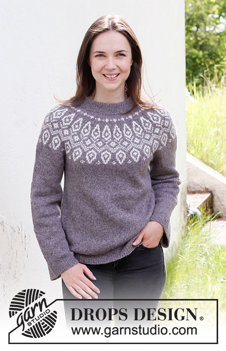 Iced Petals / DROPS 218-5 - Knitted jumper with round yoke and Nordic pattern in DROPS Sky. The piece is worked top down. Sizes S - XXXL.