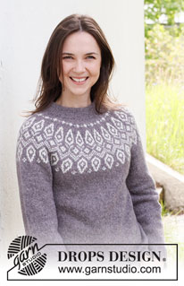 Iced Petals / DROPS 218-5 - Knitted jumper with round yoke and Nordic pattern in DROPS Sky. The piece is worked top down. Sizes S - XXXL.