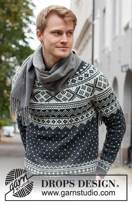 Winter's Night Enchantment / DROPS 219-15 - Knitted sweater for men in DROPS Karisma. The piece is worked top down with round yoke and Nordic pattern. Sizes S - XXXL.