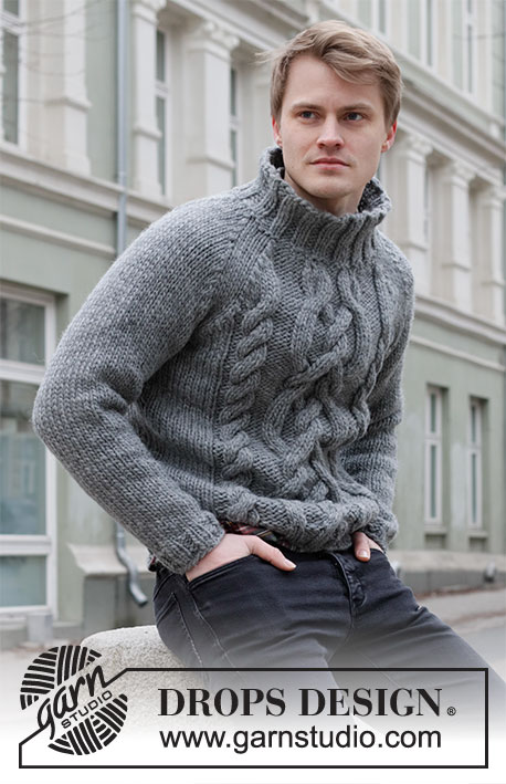 Trails Head / DROPS 219-4 - Knitted jumper with raglan, cables and high neck for men in DROPS Snow. Sizes S - XXXL.