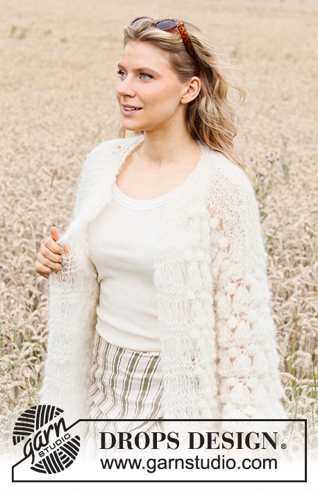 Cloud Cover Cardigan / DROPS 220-10 - Knitted jacket with popcorn and bobbles in DROPS Melody. Size XS–XXL.