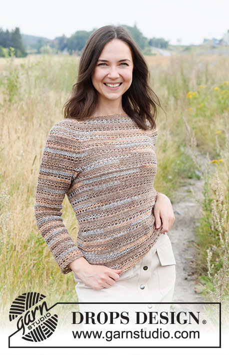 Rocky Trails / DROPS 220-20 - Crocheted jumper in DROPS Fabel. The piece is worked top down, with round yoke and lace pattern. Sizes XS - XXL.
