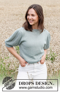 Mint Breeze / DROPS 220-21 - Knitted sweater in DROPS BabyAlpaca Silk. The piece is knitted bottom up with lace pattern on sleeves. Size: S - XXXL