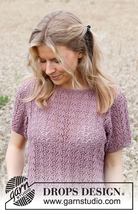 Playful Petals / DROPS 220-24 - Knitted jumper with short sleeves in DROPS Safran. The piece is worked with lace pattern. Sizes S - XXXL.