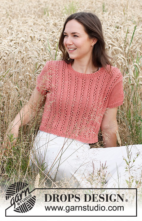 Coral Gables / DROPS 220-27 - Knitted top in DROPS Muskat. The piece is worked with lace pattern and short sleeves. Sizes S - XXXL.