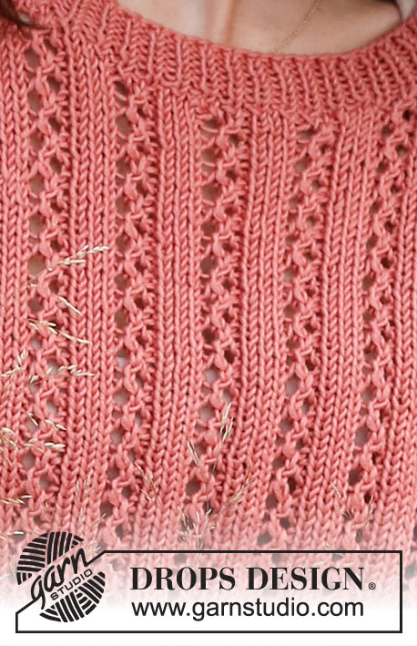 Coral Gables / DROPS 220-27 - Top - pulovr s ažurovým vzorem a krátkým rukávem pletený z příze DROPS Muskat. Velikost: S - XXXL