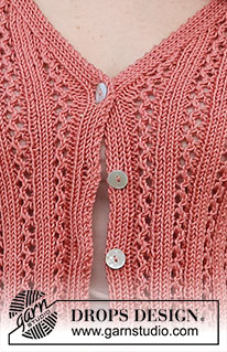 Coral Gables Cardigan / DROPS 220-28 - Casaco tricotado com ponto rendado, decote em V e mangas curtas; em DROPS Muskat. Do S ao XXXL.