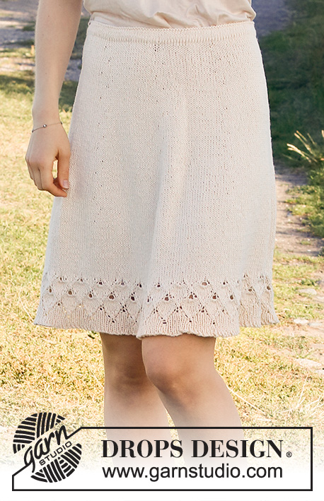 Swing by Spring Skirt / DROPS 220-32 - Knitted skirt in DROPS Belle. Piece is knitted top down with lace pattern and leaf pattern. Size: S - XXXL