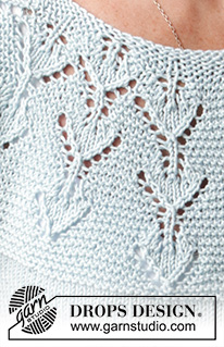 Blue Sparkle Cardigan / DROPS 220-33 - Casaco tricotado de cima para baixo com encaixe arredondado, ponto de folhas e mangas curtas, em DROPS Muskat. Do S ao XXXL.