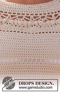 Sandy Shores Top / DROPS 220-40 - Crocheted top in DROPS Cotton Merino. Piece is crocheted top down with round yoke and short sleeves. Size: S - XXXL