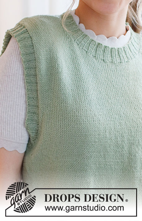 Abby Vest / DROPS 220-42 - Colete tricotado em DROPS Flora. Tricota-se totalmente em ponto meia, com orlas em canelado. Do S ao XXXL.