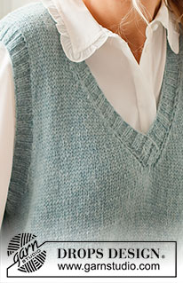 Audrey Vest / DROPS 220-43 - Knitted vest / slipover in DROPS Sky. The piece is worked in stocking stitch with ribbed edges, V-neck and split in the sides. Sizes S - XXXL.