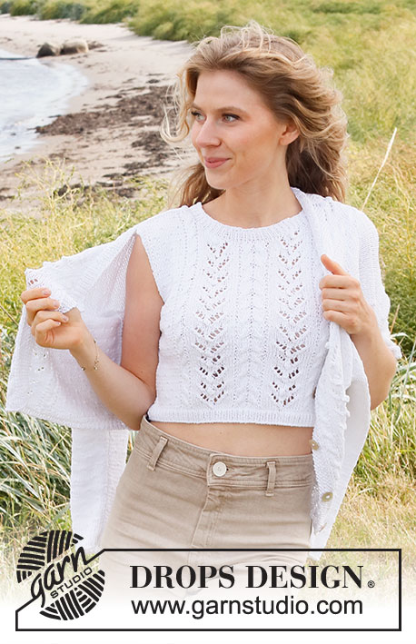 Doves Bay Top / DROPS 221-10 - Knitted top in DROPS Cotton Light. Piece knitted with lace pattern and cables. Size: S - XXXL