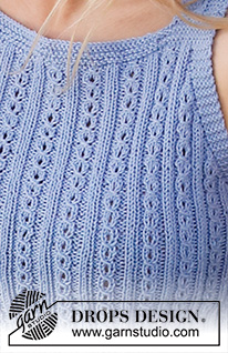 Amalfi Blue / DROPS 221-14 - Knitted top in DROPS Safran. Piece is knitted bottom up with pattern. Size: S - XXXL