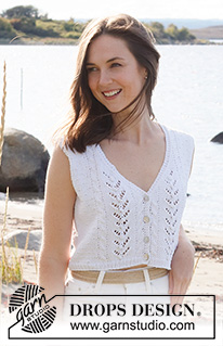 Doves Bay Vest / DROPS 221-18 - Knitted top in DROPS Cotton Light. Piece is knitted with lace pattern, cables, V-neck and closure at the front. Size: S - XXXL