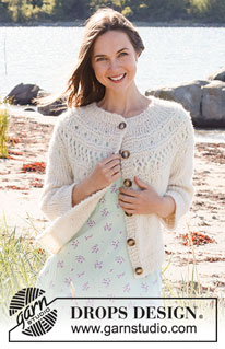 Way to Happiness Jacket / DROPS 221-19 - Knitted jacket in 1 strand DROPS Air and 1 strand DROPS Brushed Alpaca Silk (= 2 strands) or 1 strand DROPS Wish. The piece is worked top down with round yoke, lace pattern, garter stitch and ¾-length sleeves. Sizes S - XXXL.