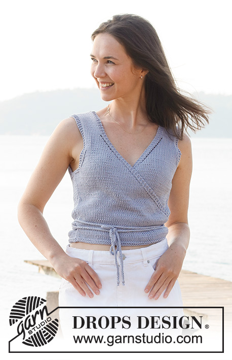 Water Ballet / DROPS 221-22 - Knitted top in DROPS Muskat. The piece is worked top down with a wrap-around. Sizes S - XXXL.