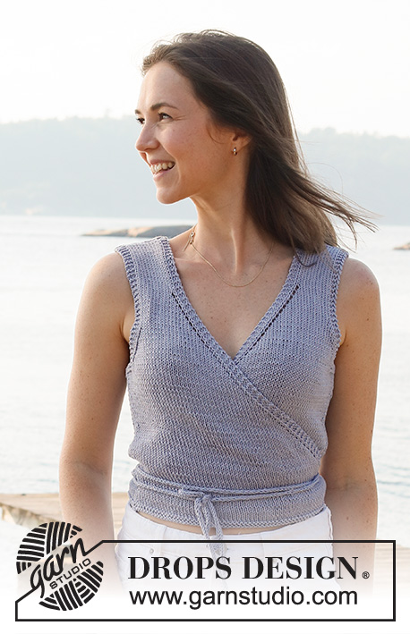Water Ballet / DROPS 221-22 - Knitted top in DROPS Muskat. The piece is worked top down with a wrap-around. Sizes S - XXXL.