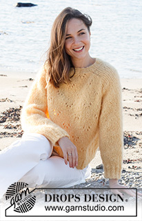 Sunshine Impressions Sweater / DROPS 221-32 - Knitted sweater in DROPS Melody. Piece is knitted top down with saddle shoulders and lace pattern. Size: S - XXXL