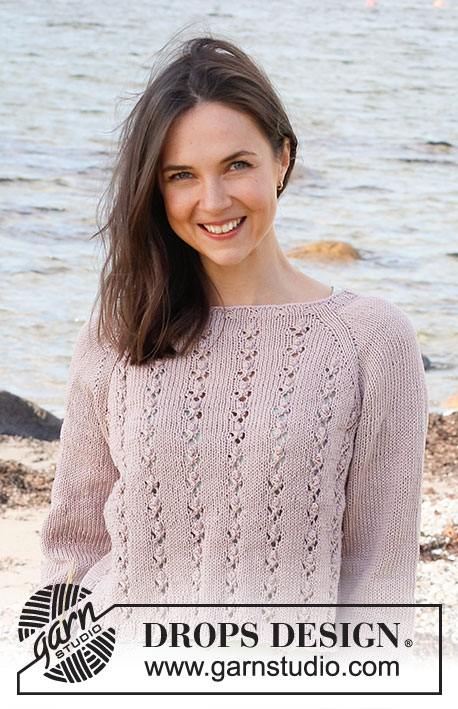 Rosebud Parade / DROPS 221-34 - Knitted jumper in DROPS Muskat or DROPS Sky. The piece is worked top down with raglan, lace pattern, knots and ¾-length sleeves. Sizes S - XXXL.