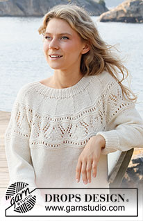 White Moon / DROPS 221-5 - Knitted sweater in DROPS Merino Extra Fine or DROPS Cotton Merino. The piece is worked in stockinette stitch, with round yoke and lace pattern. Sizes XS - XXL.