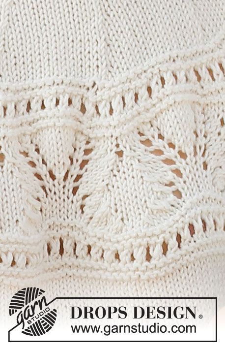 White Moon / DROPS 221-5 - Knitted sweater in DROPS Merino Extra Fine or DROPS Cotton Merino. The piece is worked in stockinette stitch, with round yoke and lace pattern. Sizes XS - XXL.