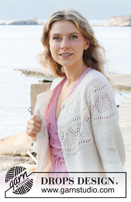 White Moon Cardigan / DROPS 221-6 - Knitted jacket in DROPS Cotton Merino or DROPS Merino Extra Fine. The piece is worked in stocking stitch, with round yoke and lace pattern. Sizes XS - XXL.