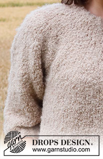 Crushed Walnuts Sweater / DROPS 222-15 - Strikket bluse med rundt bærestykke i DROPS Alpaca Bouclé. Arbejdet strikkes oppefra og ned med ¾ lange ærmer. Størrelse S - XXXL.