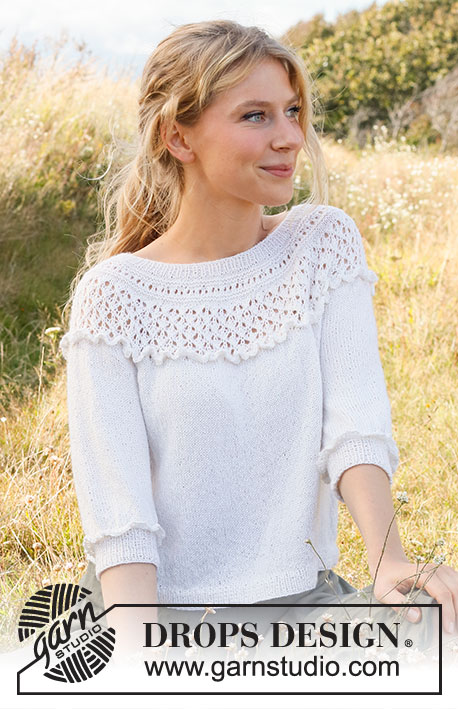 Incoming Tide Sweater / DROPS 222-21 - Knitted jumper in DROPS Alpaca. The piece is worked top down, with round yoke, raglan, flounces, lace pattern and ¾-length sleeves. Sizes S - XXXL.