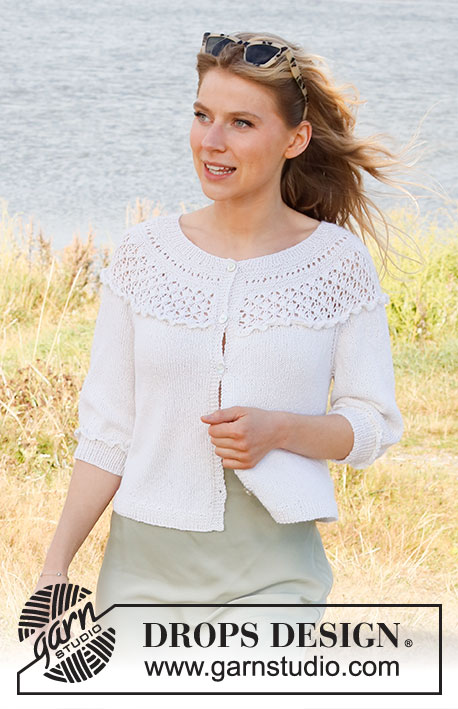 Incoming Tide / DROPS 222-22 - Knitted jacket in DROPS BabyAlpaca Silk. The piece is worked top down with round yoke, raglan, flounces, lace pattern and ¾-length sleeves. Sizes S - XXXL.