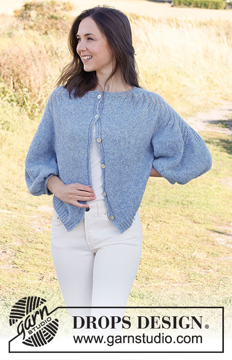 Sapphire Trails Cardigan / DROPS 222-23 - Knitted jacket in DROPS Sky. The piece is worked top down, with lace pattern and ¾-length balloon sleeves. Sizes S - XXXL.