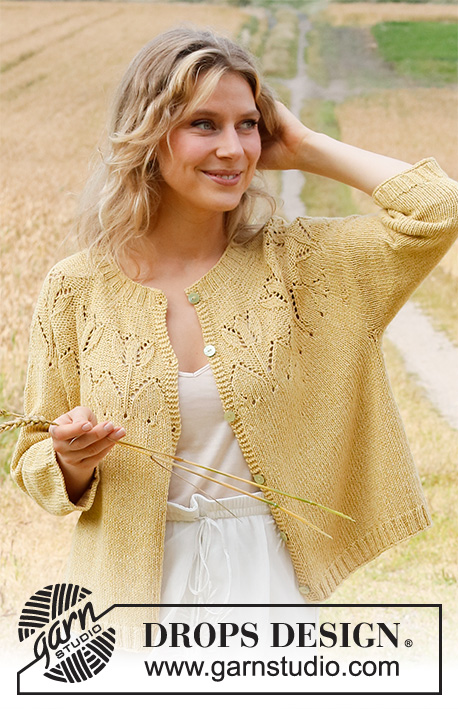 Yellow Tulip Jacket / DROPS 222-3 - Knitted jacket in DROPS Belle or DROPS Merino Extra Fine. The piece is worked with round yoke, lace pattern and ¾-length sleeves. Sizes S - XXXL.