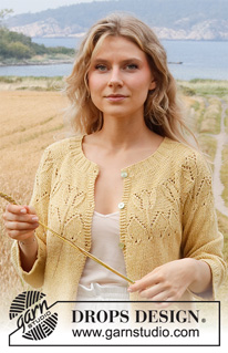 Yellow Tulip Jacket / DROPS 222-3 - Knitted jacket in DROPS Belle or DROPS Merino Extra Fine. The piece is worked with round yoke, lace pattern and ¾-length sleeves. Sizes S - XXXL.