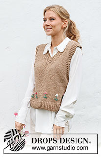 May Flowers Vest / DROPS 222-42 - Knitted vest in DROPS Soft Tweed. The piece is worked with V-neck, ribbed edges and embroidered flowers. Sizes S - XXXL. Theme: Embroidery.