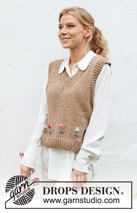 May Flowers Vest / DROPS 222-42 - Knitted vest in DROPS Soft Tweed. The piece is worked with V-neck, ribbed edges and embroidered flowers. Sizes S - XXXL. Theme: Embroidery.