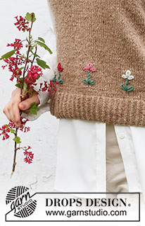May Flowers Vest / DROPS 222-42 - Pull sans manches tricoté en DROPS Soft Tweed, avec col V, bordures en côtes et fleurs brodées. Du S au XXXL. Thème: Broderie.