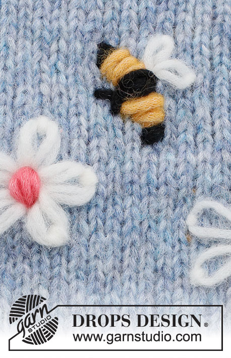 Bee Season / DROPS 222-44 - Embroidered flowers and bee in DROPS Air. The flowers are embroidered with chain stitch and back-stitch knot. The bee is embroidered with flat stitch and with chain stitch for the wings.
Theme: Embroidery