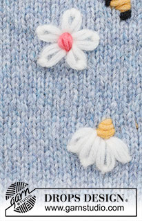 Bee Season / DROPS 222-44 - Embroidered flowers and bee in DROPS Air. The flowers are embroidered with chain stitch and back-stitch knot. The bee is embroidered with flat stitch and with chain stitch for the wings.
Theme: Embroidery