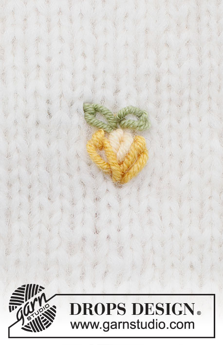 Sweet Lemons / DROPS 222-46 - Embroidered lemon in DROPS Merino Extra Fine. The lemon is embroidered with chain stitches. 
Theme: Embroidery