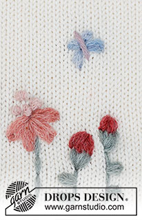 Floral Love / DROPS 222-48 - Gestickte Blumen und gestickter Schmetterling in DROPS SKY. Für die Arbeit werden Margeritenstiche (einfache Kettenstiche), Punktstiche (mehrfache Rückstiche), Rückstiche, Knötchenstiche und Spannstiche verwendet. Thema: Stickerei