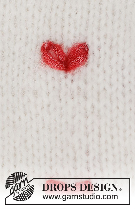Fluttering Hearts / DROPS 222-49 - Gesticktes Herz in DROPS Air. Das Herz wird mit Margeritenstichen (einzelnen Kettenstichen) aufgestickt. Thema: Stickerei.